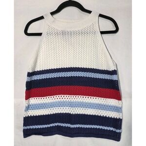 AnnieWear Striped Knit Tank Top Womens XL White Navy Red Nautical Crochet Halter